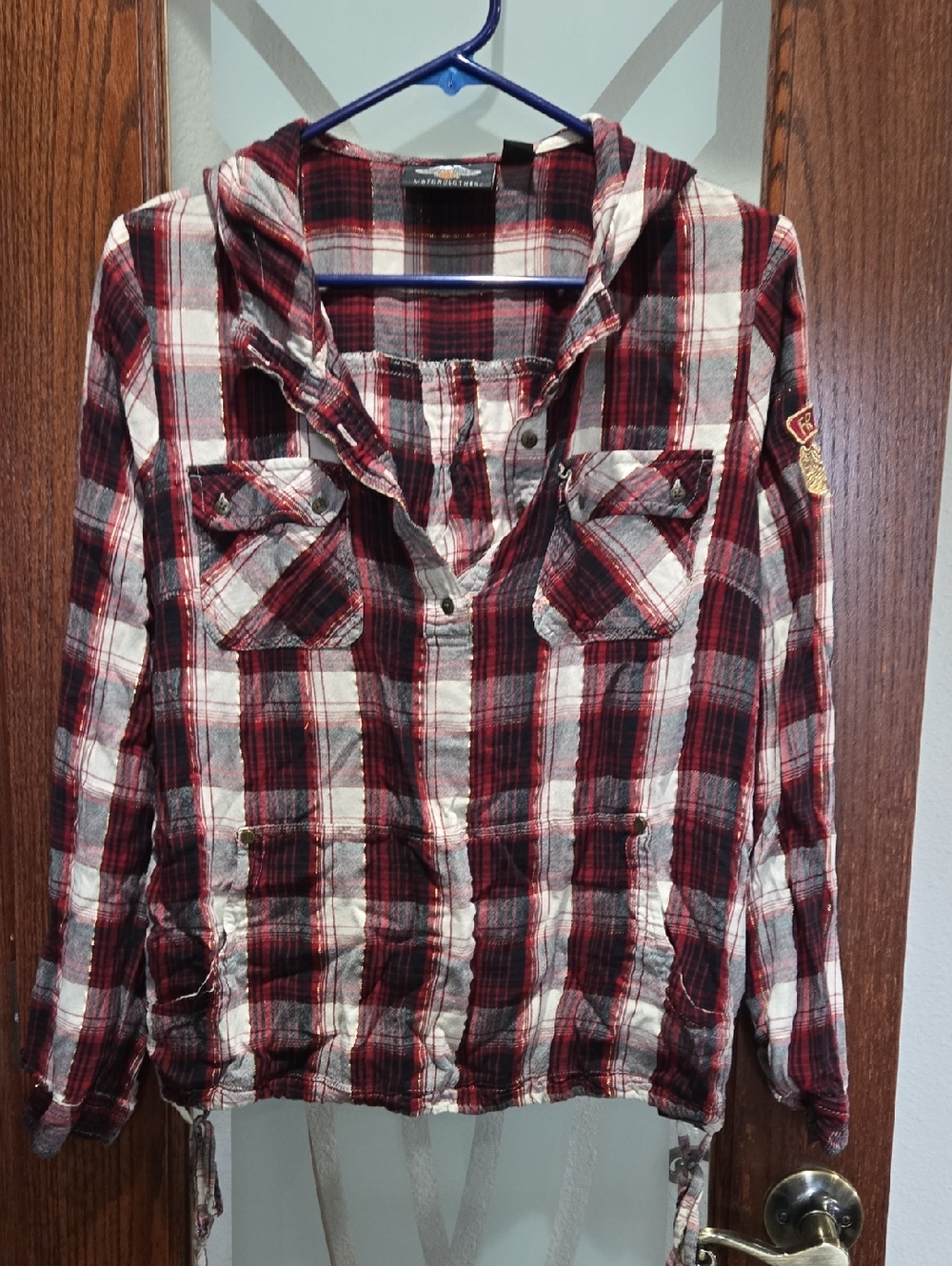 Harley-Davidson Burgundy and White Plaid Hooded Top